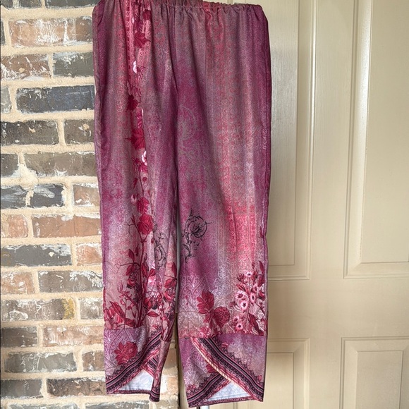 Boho Tulip Ankle Floral Pink & Red Wide-Leg Pants Elastic Waistband Pull-On - Picture 2 of 6